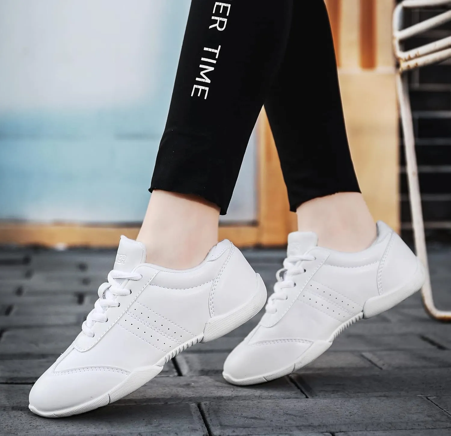 BAXINIER Youth Girls White Cheerleading Dancing Shoes Athletic Training Tennis Walking Breathable Competition Cheer Sneakers