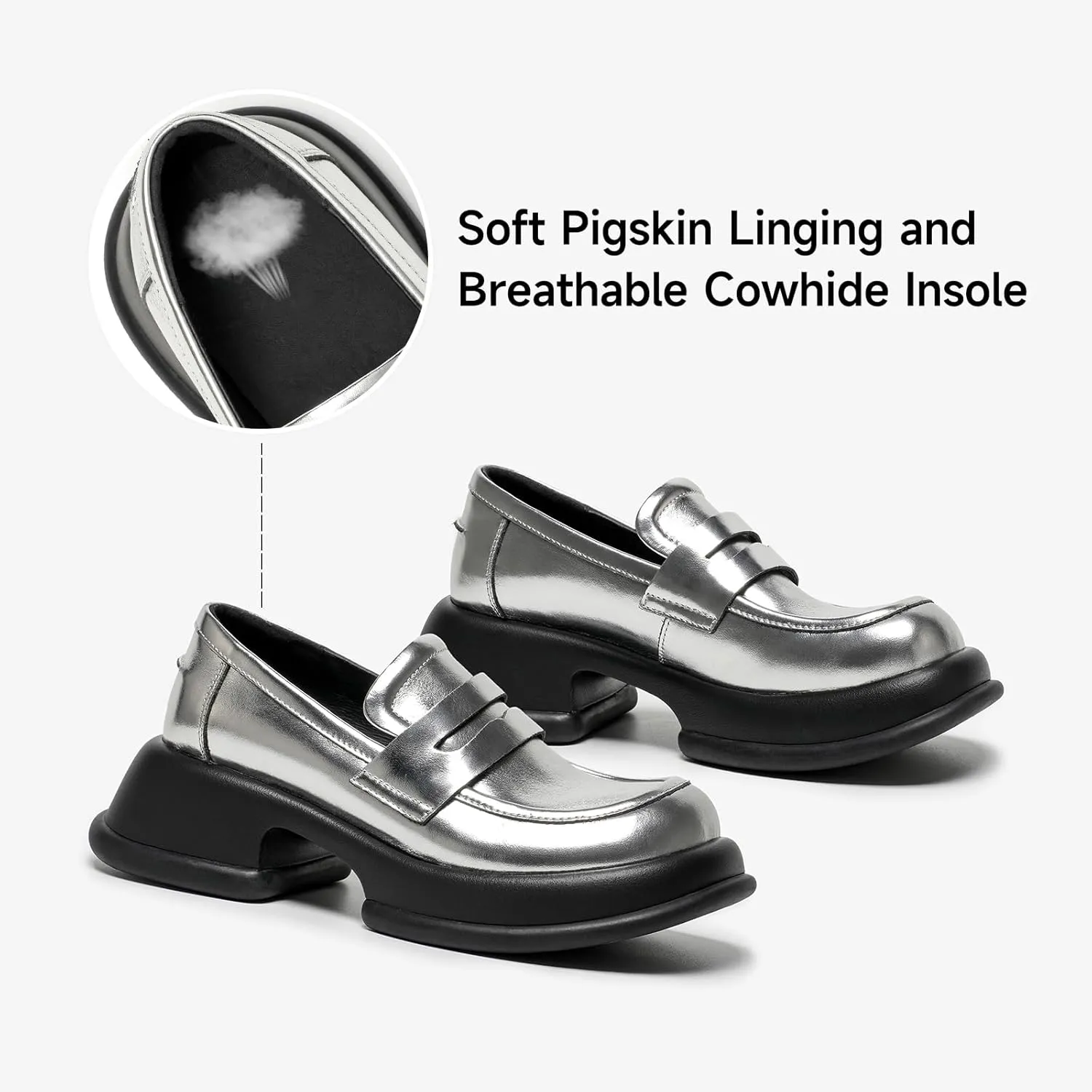 BEAU TODAY Chunky Loafers for Women, Womens Leather Penny Loafers, Comfortable Slip on Business Casual Square Toe Non-Slip Office Ladies Dress Shoes
