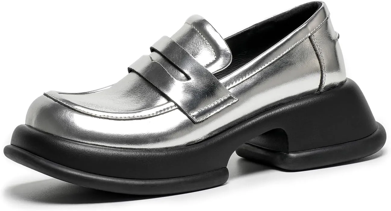 BEAU TODAY Chunky Loafers for Women, Womens Leather Penny Loafers, Comfortable Slip on Business Casual Square Toe Non-Slip Office Ladies Dress Shoes