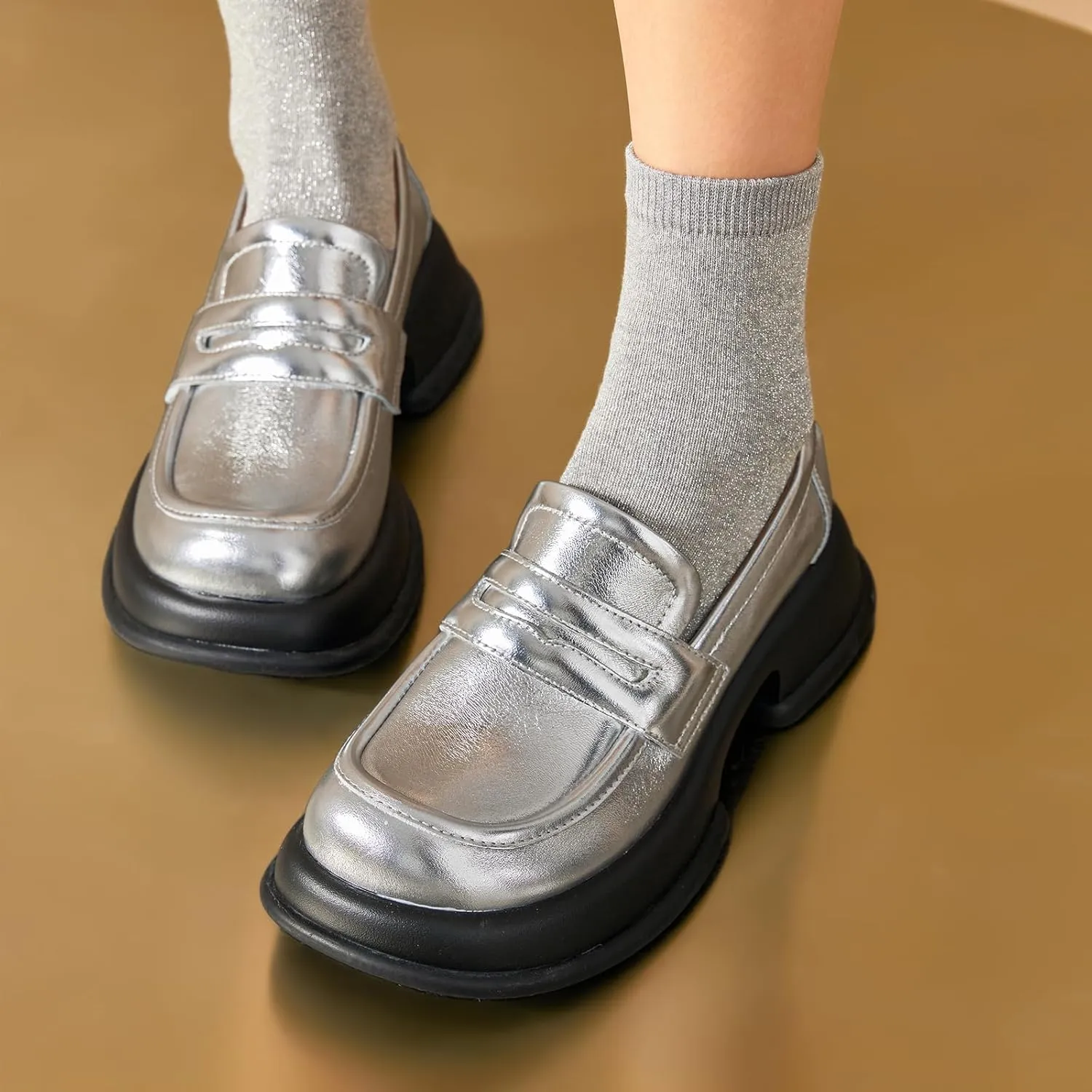 BEAU TODAY Chunky Loafers for Women, Womens Leather Penny Loafers, Comfortable Slip on Business Casual Square Toe Non-Slip Office Ladies Dress Shoes