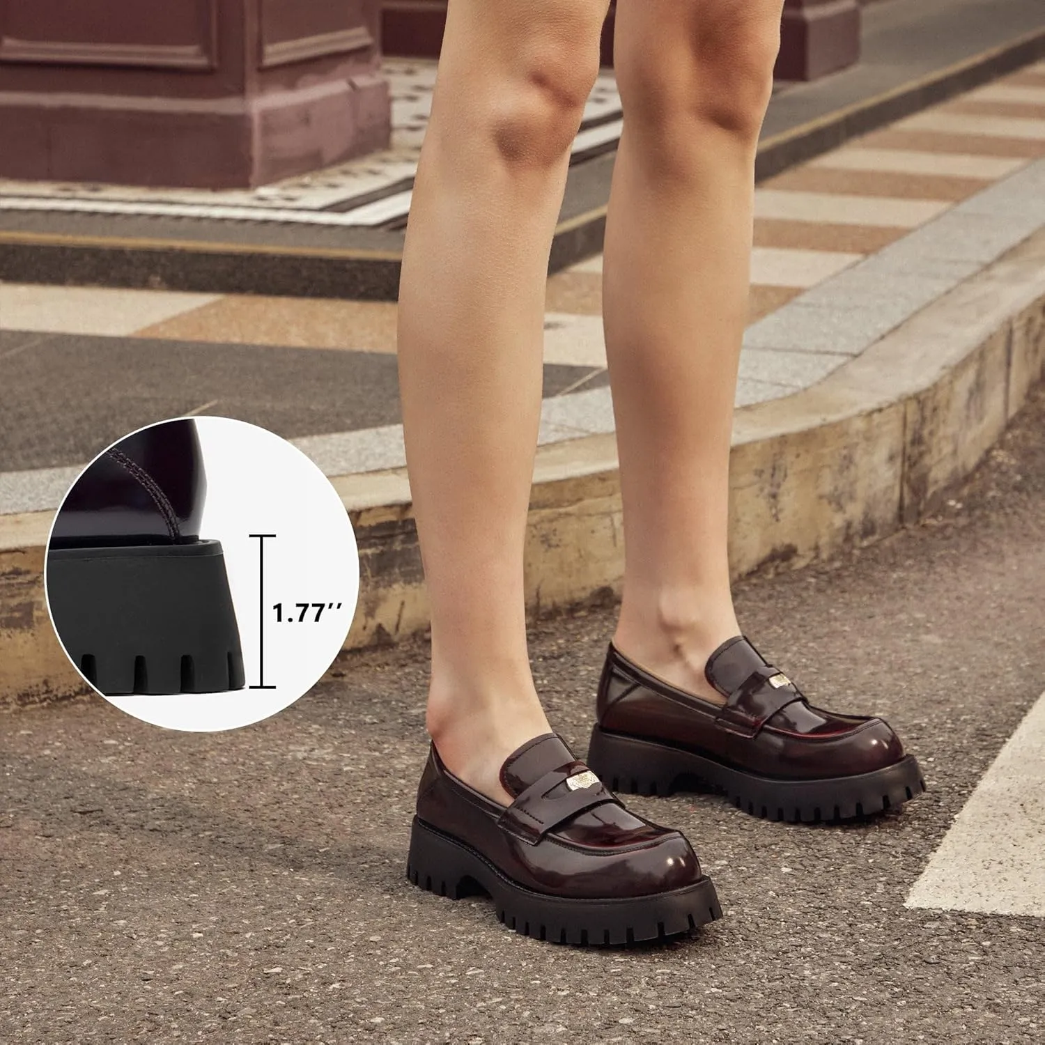 BEAU TODAY Chunky Loafers Women,Patent Leather Platform Loafers for Women,Lug Sole Slip On Penny Shoes,Comfortable Work Office Business Casual Dress Shoes