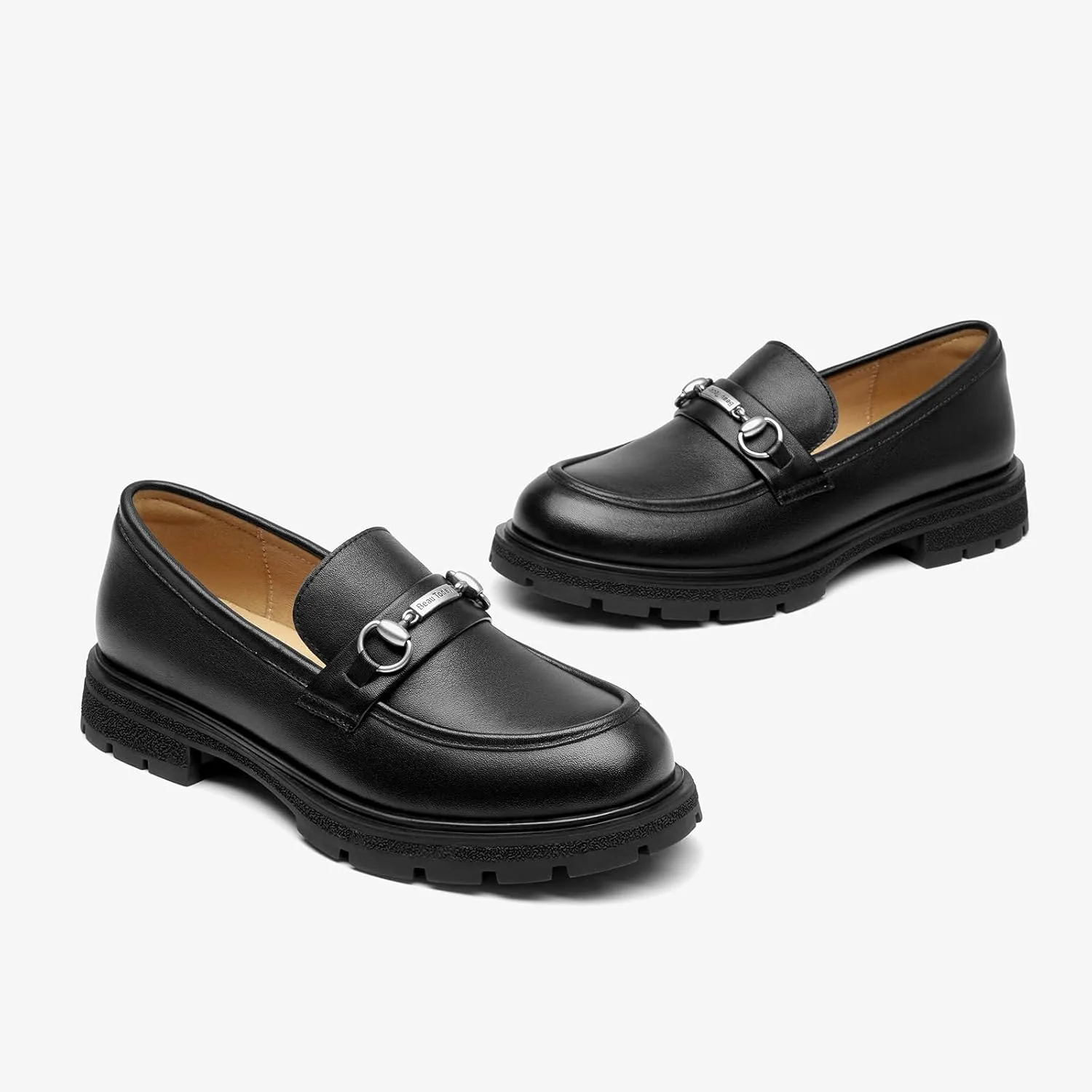 BEAU TODAY Platform Loafers for Women, Chunky Leather Loafers Women, Women’s Slip-on Comfortable Business Casual Round Toe Office Walking Ladies Shoes