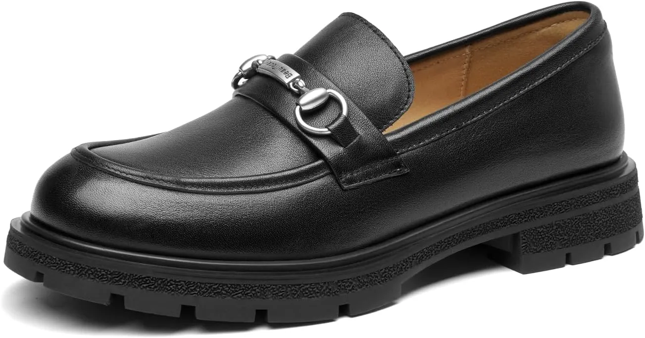BEAU TODAY Platform Loafers for Women, Chunky Leather Loafers Women, Women’s Slip-on Comfortable Business Casual Round Toe Office Walking Ladies Shoes