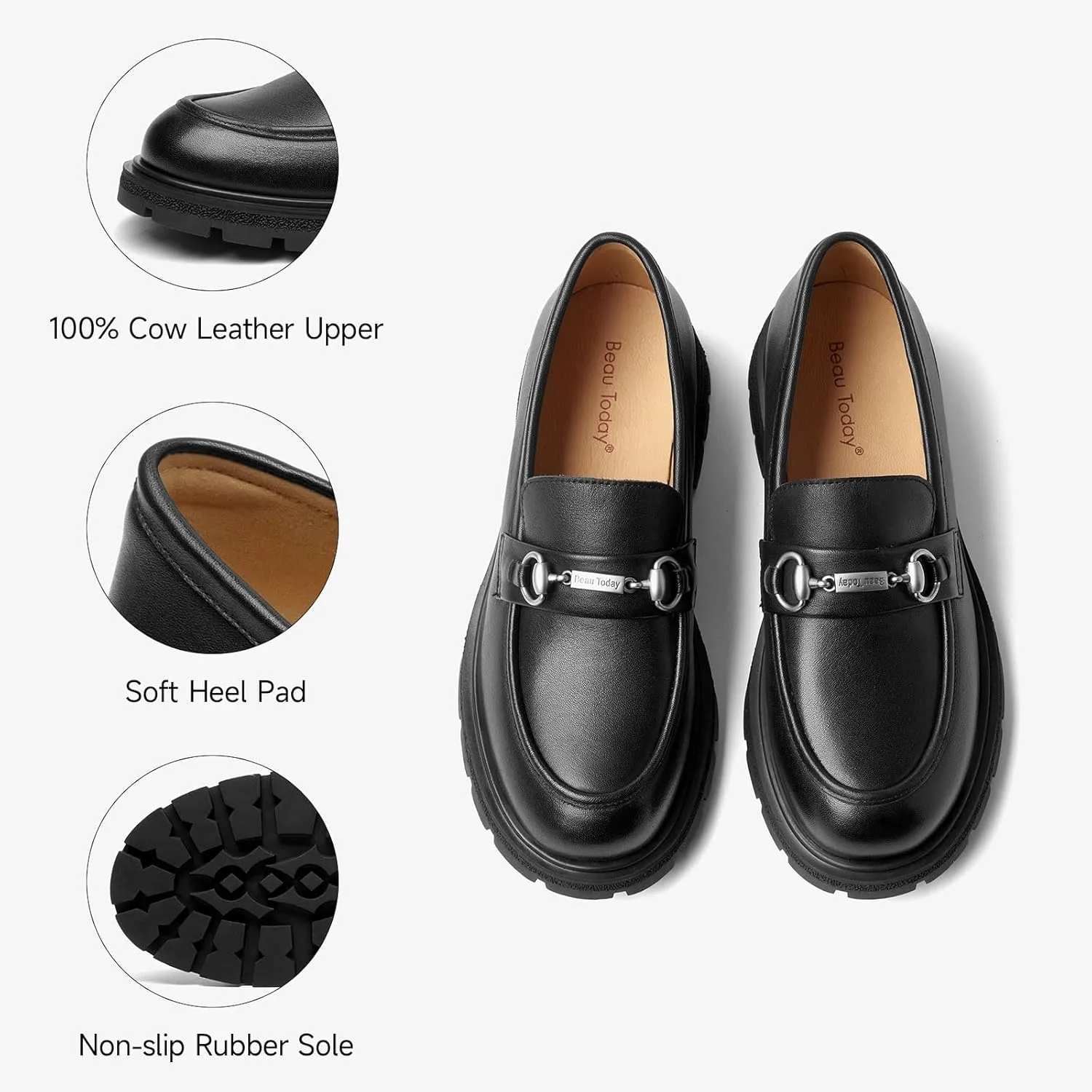 BEAU TODAY Platform Loafers for Women, Chunky Leather Loafers Women, Women’s Slip-on Comfortable Business Casual Round Toe Office Walking Ladies Shoes