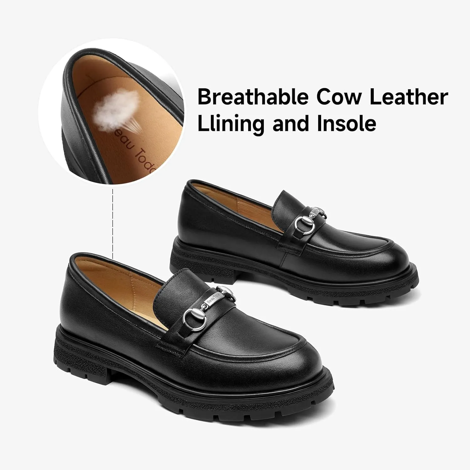 BEAU TODAY Platform Loafers for Women, Chunky Leather Loafers Women, Women’s Slip-on Comfortable Business Casual Round Toe Office Walking Ladies Shoes