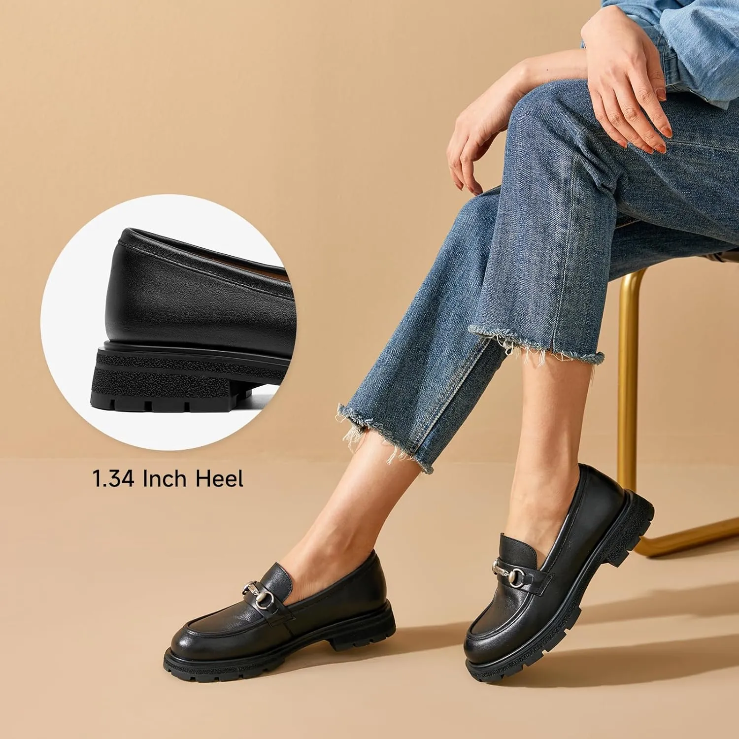 BEAU TODAY Platform Loafers for Women, Chunky Leather Loafers Women, Women’s Slip-on Comfortable Business Casual Round Toe Office Walking Ladies Shoes