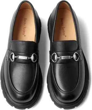 BEAU TODAY Platform Loafers for Women, Chunky Leather Loafers Women, Women’s Slip-on Comfortable Business Casual Round Toe Office Walking Ladies Shoes