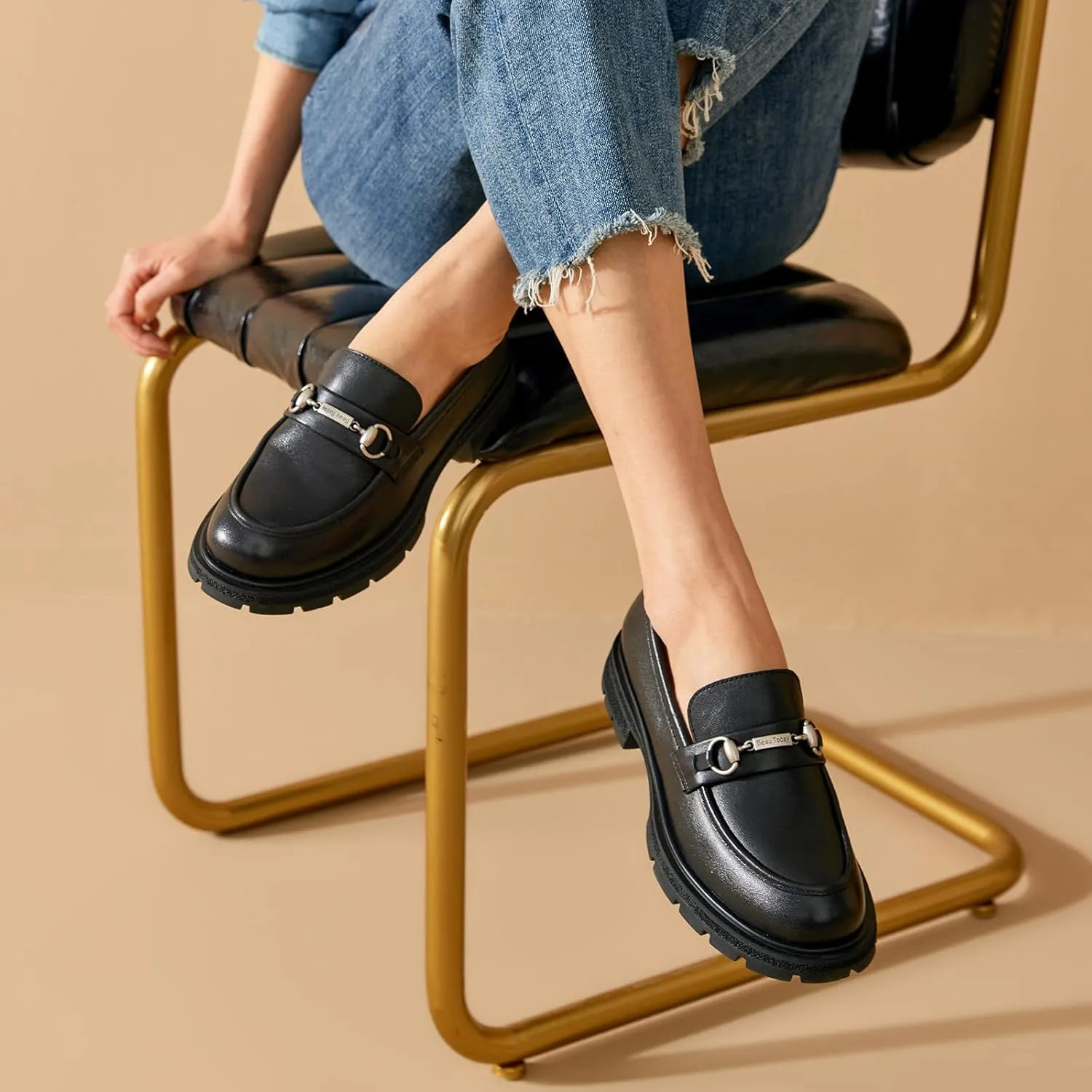 BEAU TODAY Platform Loafers for Women, Chunky Leather Loafers Women, Women’s Slip-on Comfortable Business Casual Round Toe Office Walking Ladies Shoes