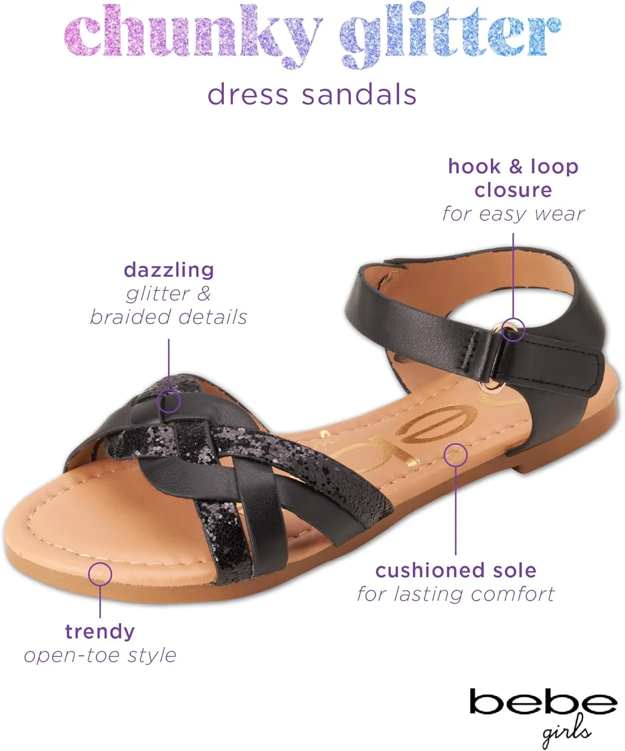 bebe Girls Sandals - Big girl and Toddler Girl Sandals with Durable Leather and Glitter Straps, Summer Dress Shoes for Girls
