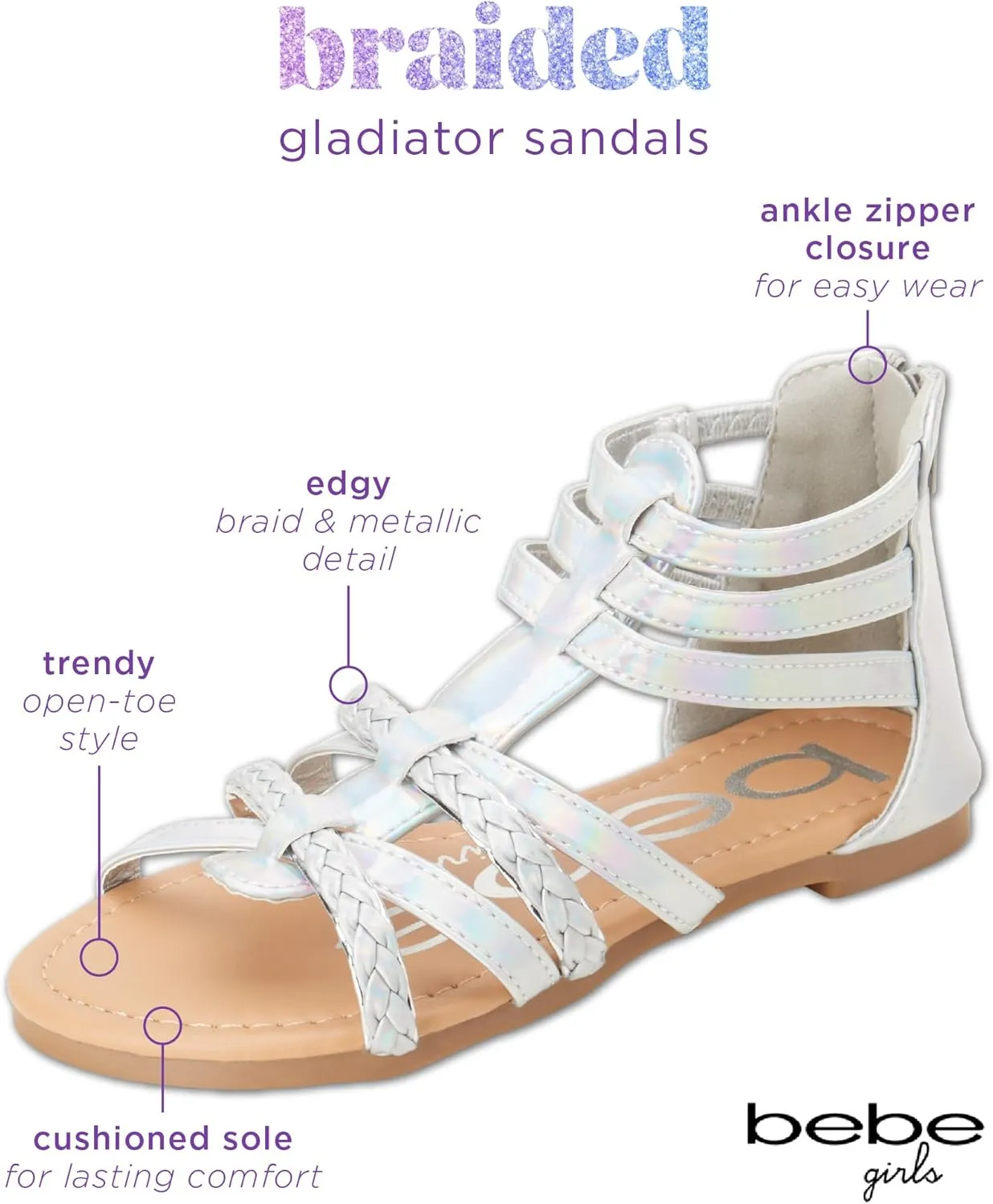 bebe Girls Sandals - Cute Open Toe Braided Strappy Gladiator Summer Sandals, Flower Girl Dress Shoes for Easter Beach Party