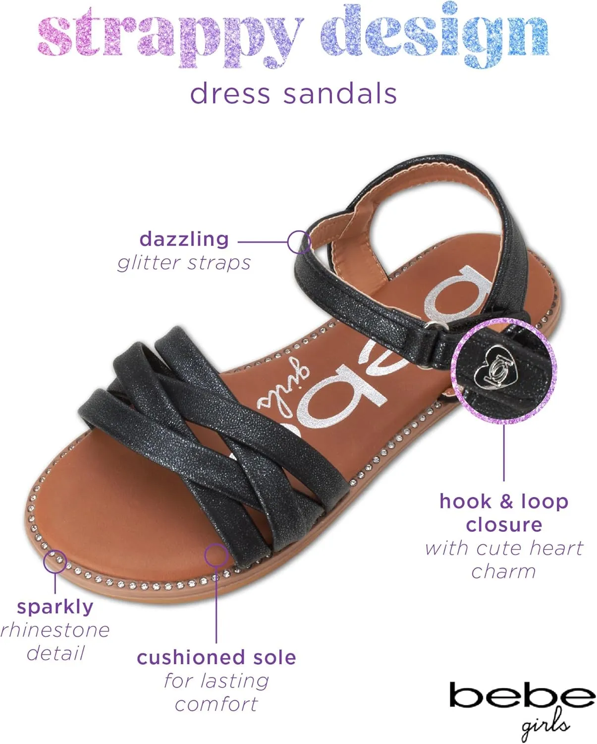 bebe Girls' Sandals - Two Strap Open Toe Flat Dress Sandals with Heart Accent, Easter Summer Shoes for Little and Big Girls