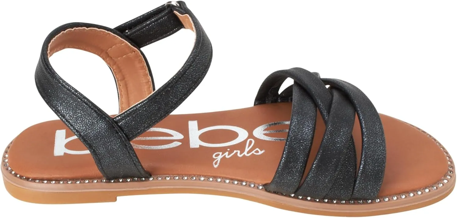 bebe Girls' Sandals - Two Strap Open Toe Flat Dress Sandals with Heart Accent, Easter Summer Shoes for Little and Big Girls