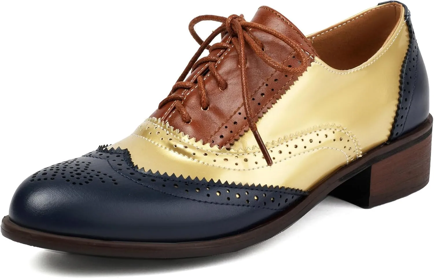Betastella Womens Vintage Wingtip Lace Up Oxfords Chunky Low Heel Round Toe Pumps Brogue Oxford Shoes