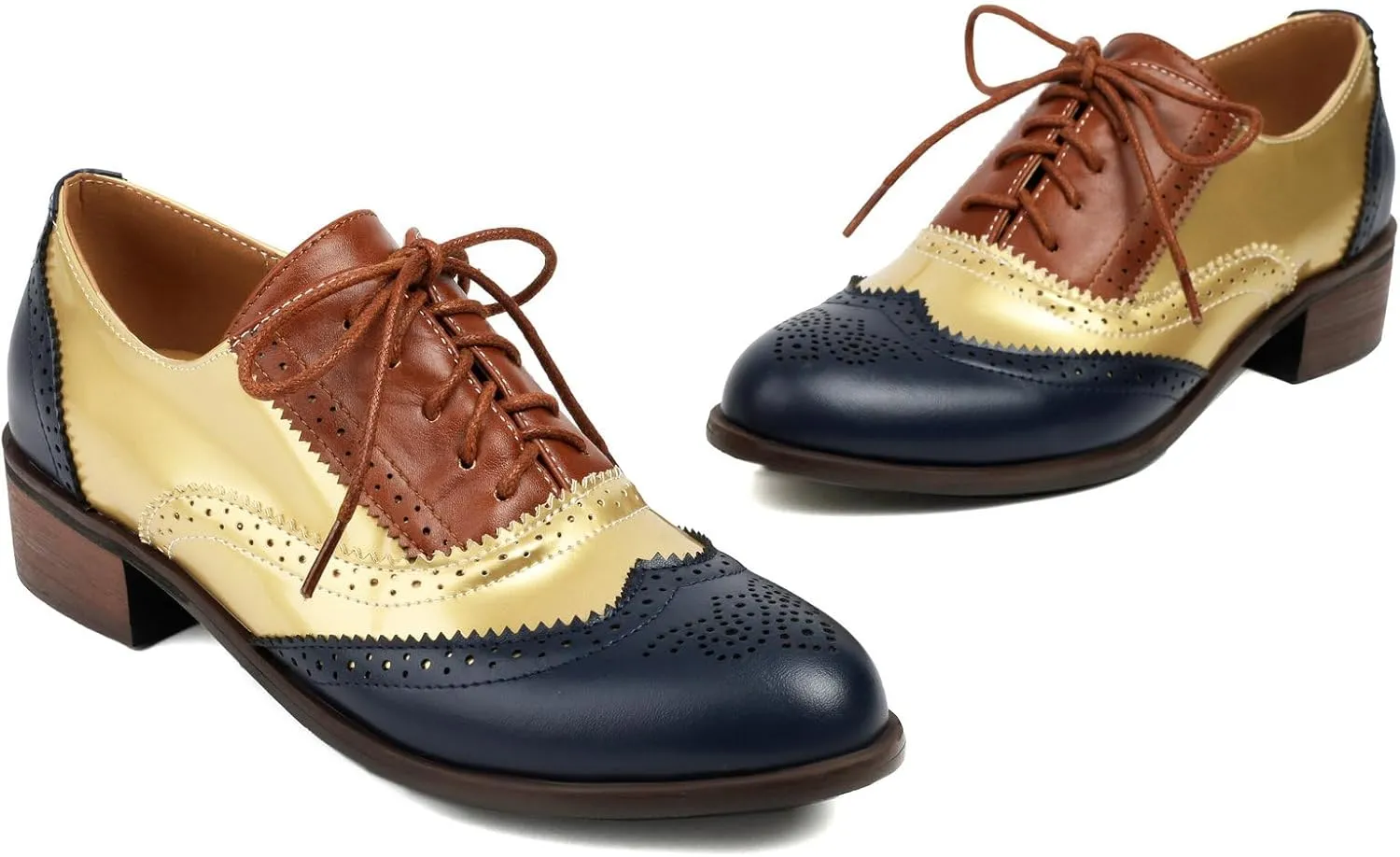 Betastella Womens Vintage Wingtip Lace Up Oxfords Chunky Low Heel Round Toe Pumps Brogue Oxford Shoes