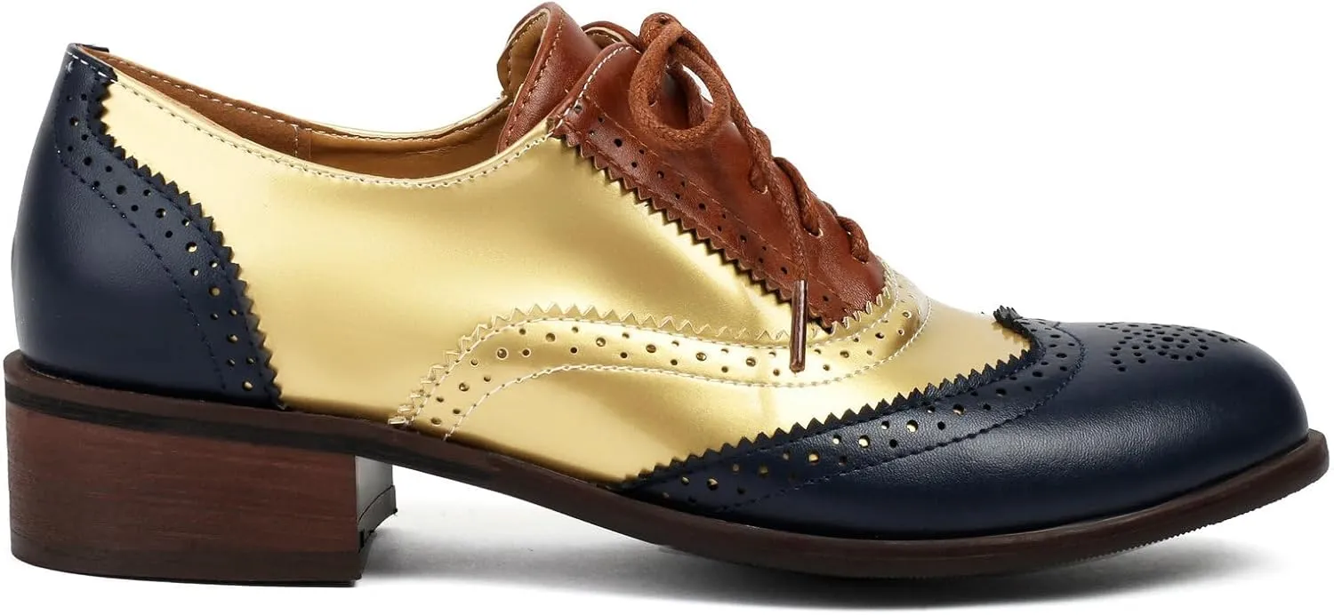 Betastella Womens Vintage Wingtip Lace Up Oxfords Chunky Low Heel Round Toe Pumps Brogue Oxford Shoes