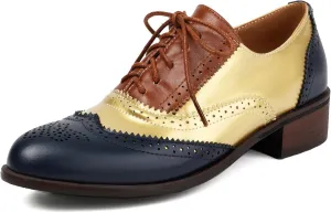 Betastella Womens Vintage Wingtip Lace Up Oxfords Chunky Low Heel Round Toe Pumps Brogue Oxford Shoes