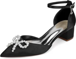 Block Heel Wedding Shoes Bride Satin Bridal Pointed Toe Low Heels Closed Toe Wedding Heels 4.5Cm