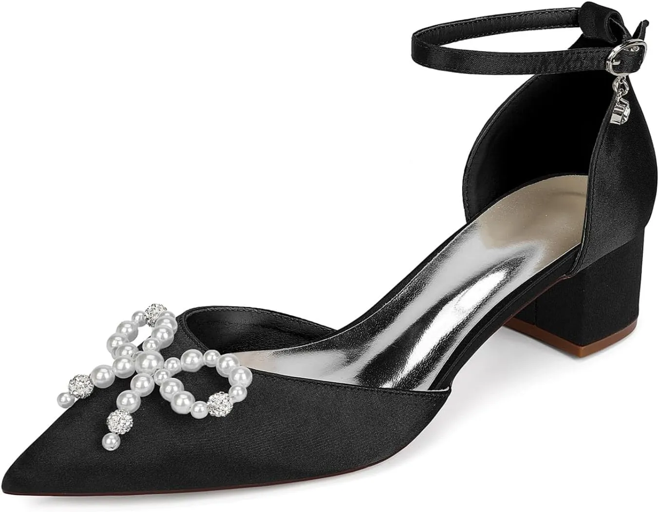 Block Heel Wedding Shoes Bride Satin Bridal Pointed Toe Low Heels Closed Toe Wedding Heels 4.5Cm