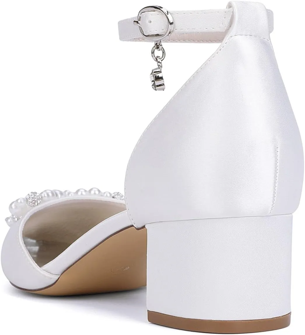 Block Heel Wedding Shoes Bride Satin Bridal Pointed Toe Low Heels Closed Toe Wedding Heels 4.5Cm