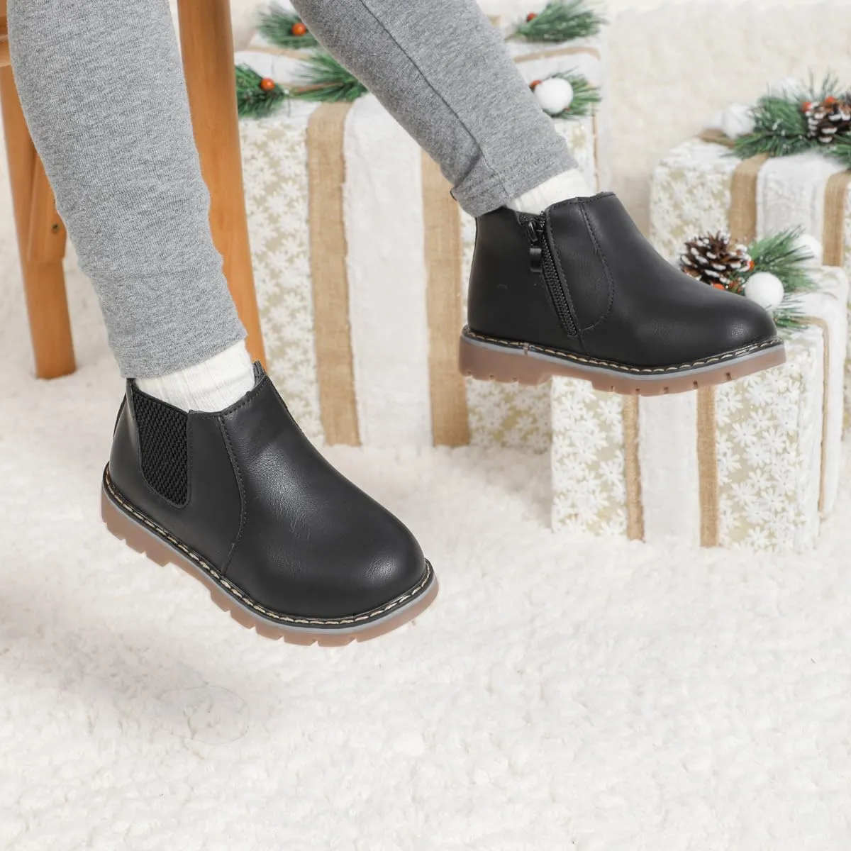 Boys Girls High Top Combat Ankle Boots Kids Waterproof PU Leather Fall Boots Winter Warm Snow Outdoor Hiking Shoes Toddler Non Slip Texture Soft Durable Walking Boot