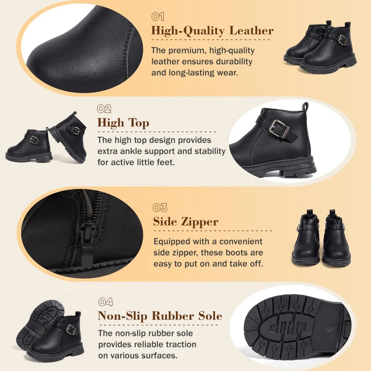 Boys Girls High Top Combat Ankle Boots Kids Waterproof PU Leather Fall Boots Winter Warm Snow Outdoor Hiking Shoes Toddler Non Slip Texture Soft Durable Walking Boot