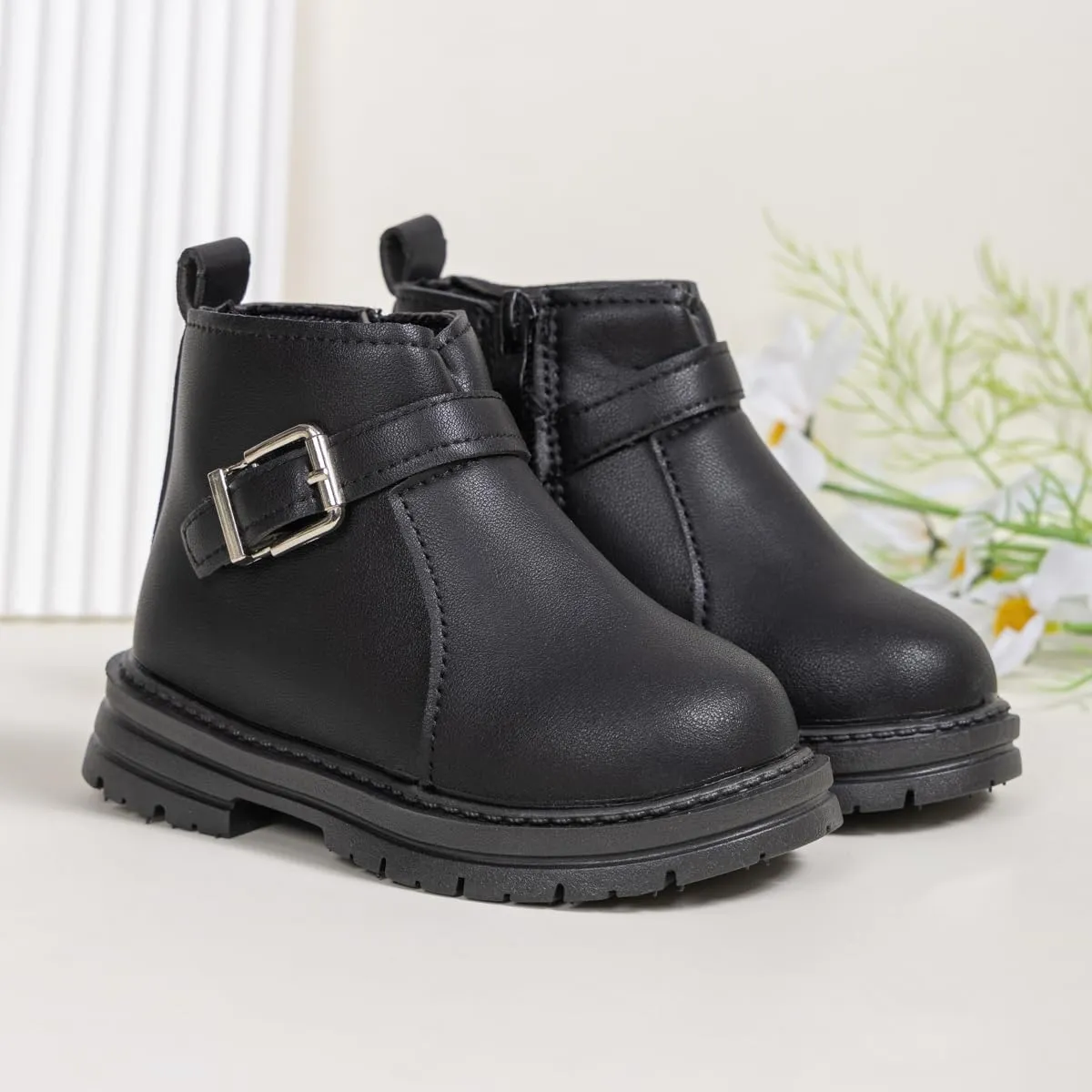 Boys Girls High Top Combat Ankle Boots Kids Waterproof PU Leather Fall Boots Winter Warm Snow Outdoor Hiking Shoes Toddler Non Slip Texture Soft Durable Walking Boot