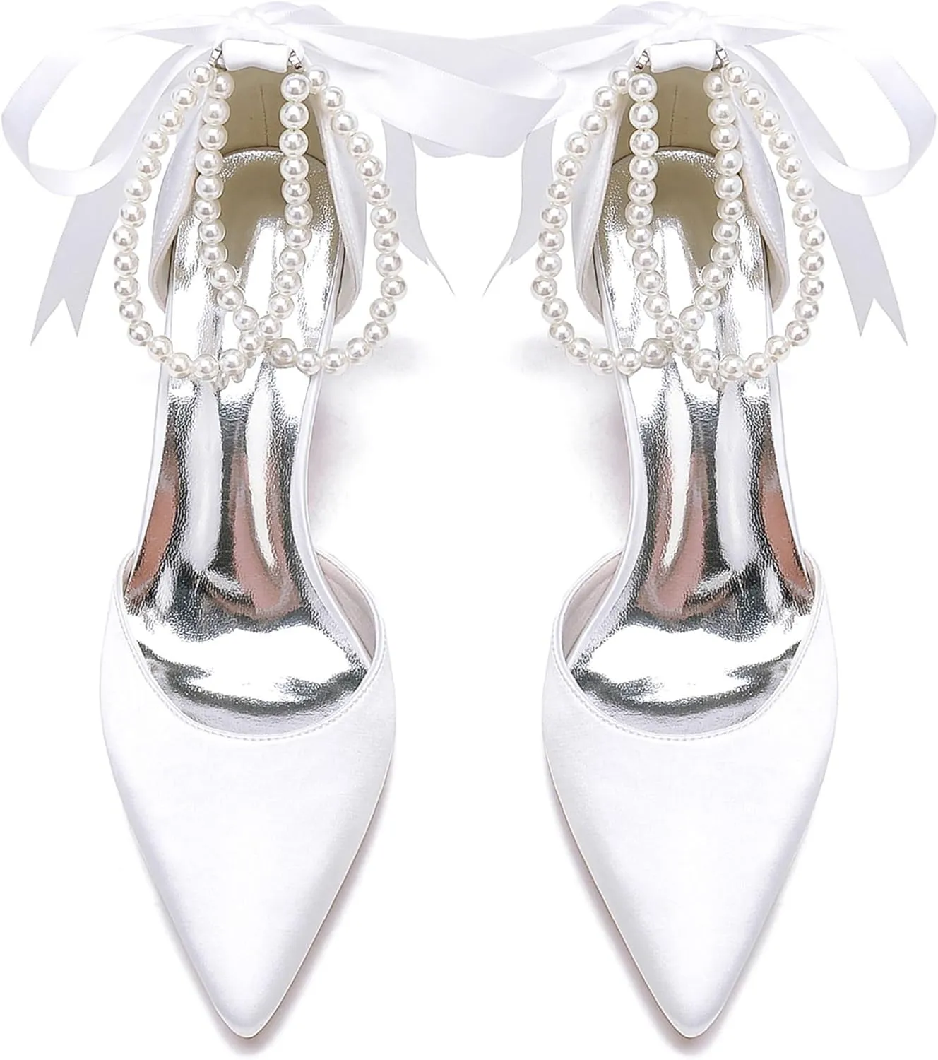 Bridal Shoes Block Heel Wedding Shoes Satin Evening Party Pumps Sandals Bride Pointed Toe Pearl Wedding Heels 8.5Cm