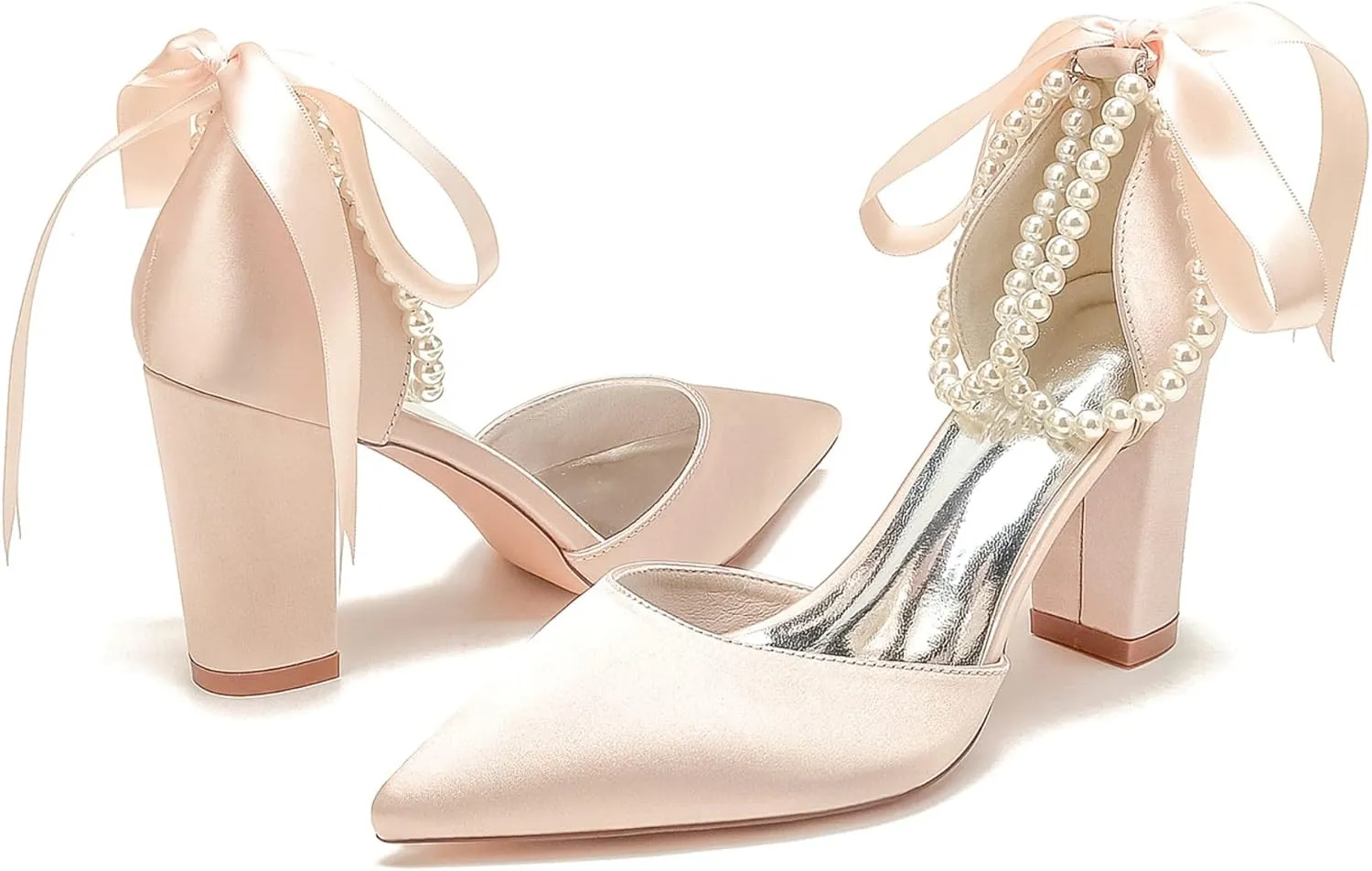 Bridal Shoes Block Heel Wedding Shoes Satin Evening Party Pumps Sandals Bride Pointed Toe Pearl Wedding Heels 8.5Cm