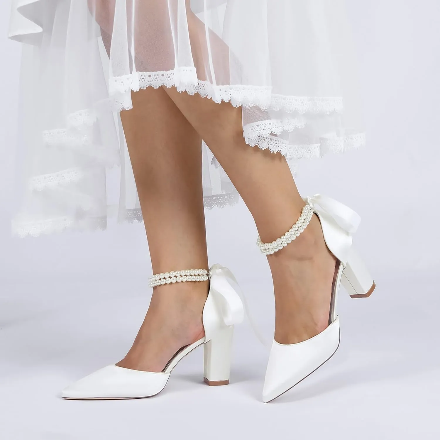 Bridal Shoes Block Heel Wedding Shoes Satin Evening Party Pumps Sandals Bride Pointed Toe Pearl Wedding Heels 8.5Cm