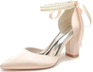 Bridal Shoes Block Heel Wedding Shoes Satin Evening Party Pumps Sandals Bride Pointed Toe Pearl Wedding Heels 8.5Cm