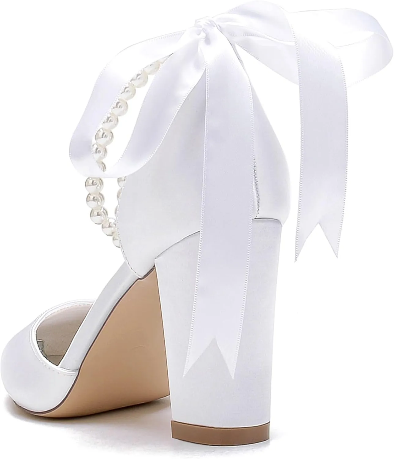 Bridal Shoes Block Heel Wedding Shoes Satin Evening Party Pumps Sandals Bride Pointed Toe Pearl Wedding Heels 8.5Cm