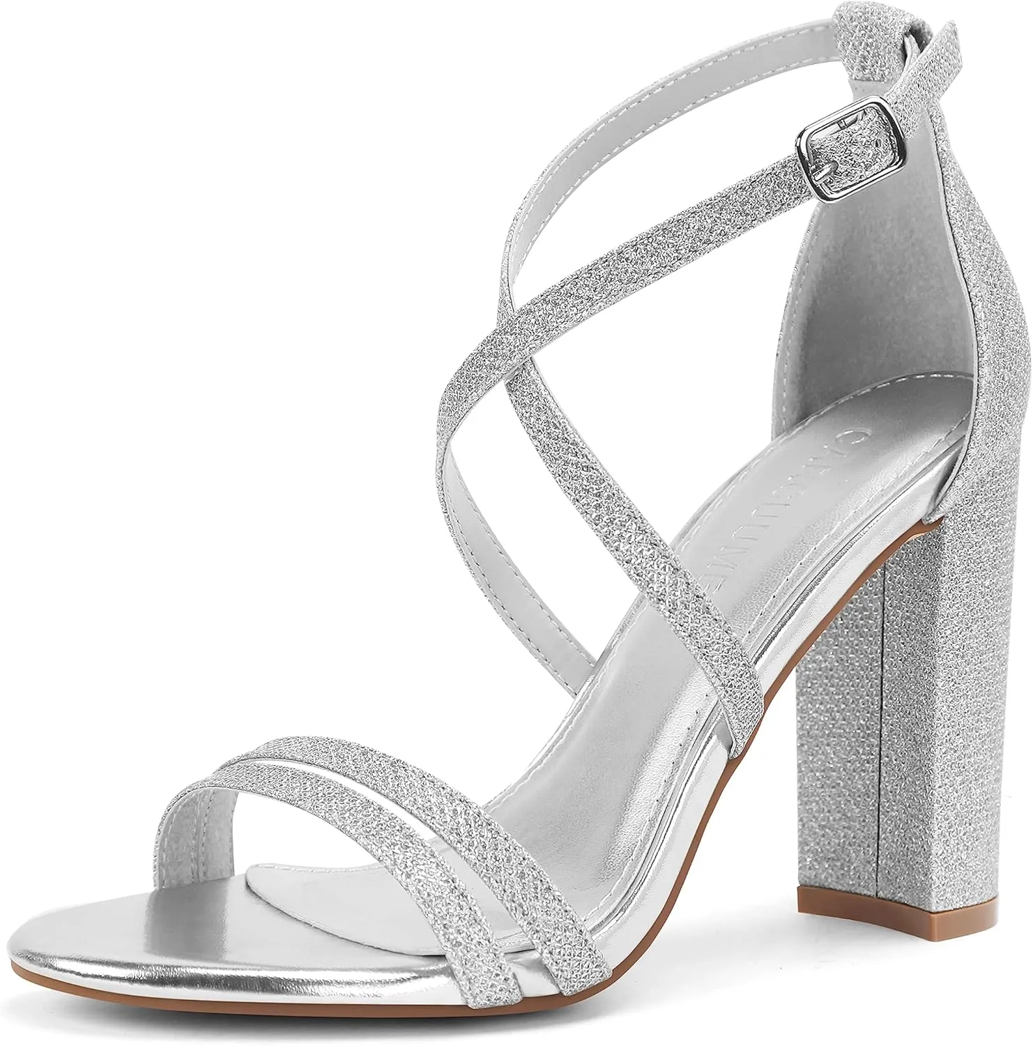 Carcuume Women's Strappy Heels 4-inch Chunky Block Heel Open Toe Ankle Strap Comfortable Party Wedding Shoes