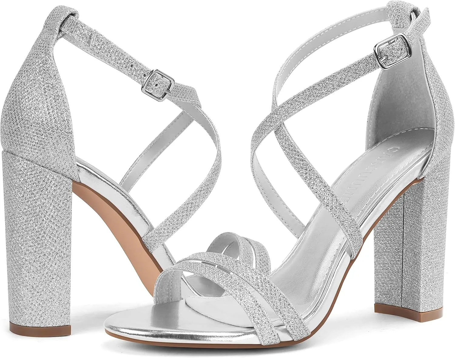 Carcuume Women's Strappy Heels 4-inch Chunky Block Heel Open Toe Ankle Strap Comfortable Party Wedding Shoes