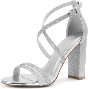 Carcuume Women's Strappy Heels 4-inch Chunky Block Heel Open Toe Ankle Strap Comfortable Party Wedding Shoes