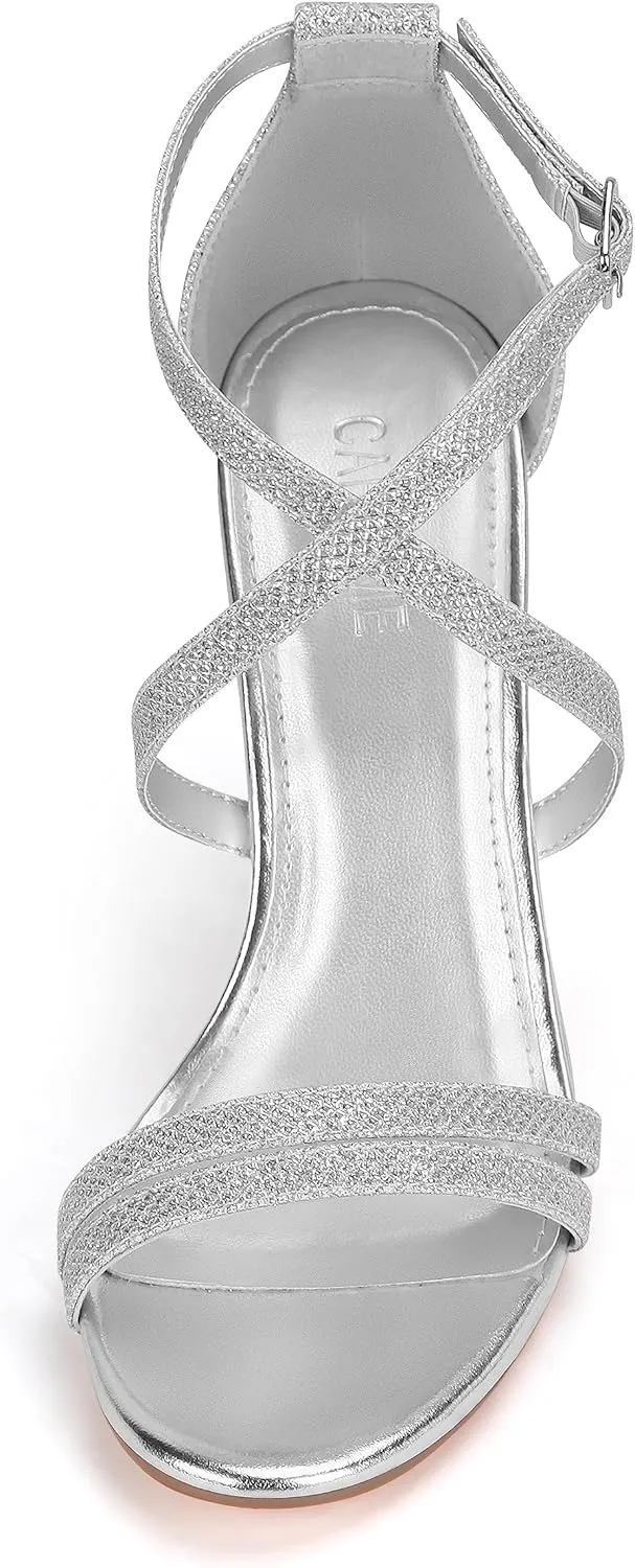 Carcuume Women's Strappy Heels 4-inch Chunky Block Heel Open Toe Ankle Strap Comfortable Party Wedding Shoes