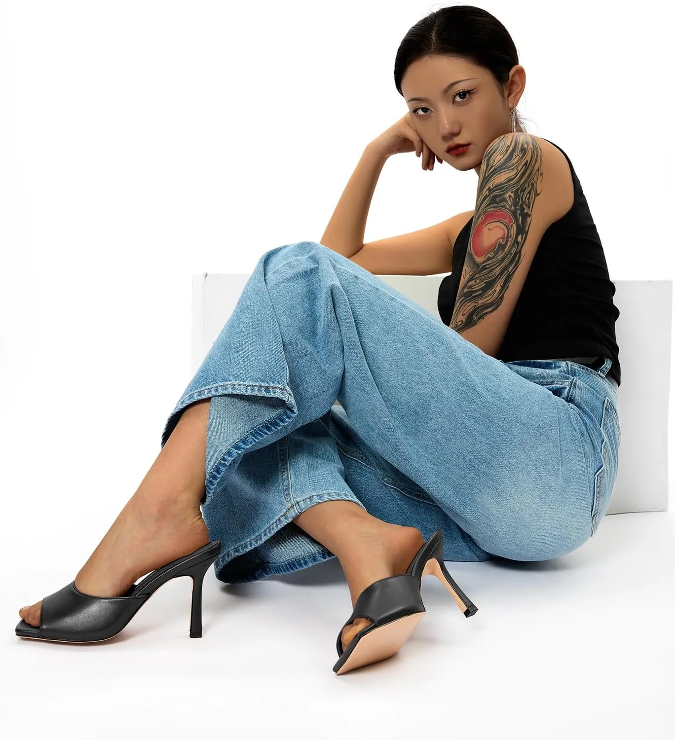 Castamere Square Open Toe Heeled Sandals for Women High Stiletto Heels Slip-on Mules Dress Comfortable Casual Summer Shoes 3.5 Inches Heels