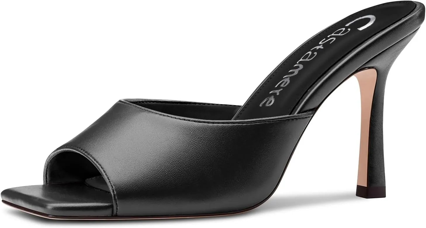 Castamere Square Open Toe Heeled Sandals for Women High Stiletto Heels Slip-on Mules Dress Comfortable Casual Summer Shoes 3.5 Inches Heels