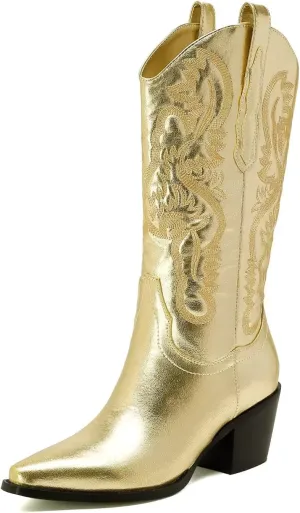 CIERWS Women's Embroidered Western Cowboy Boots Cowgirl Boots Knee High Medium Heel Chunky Heel Classic Retro Boots