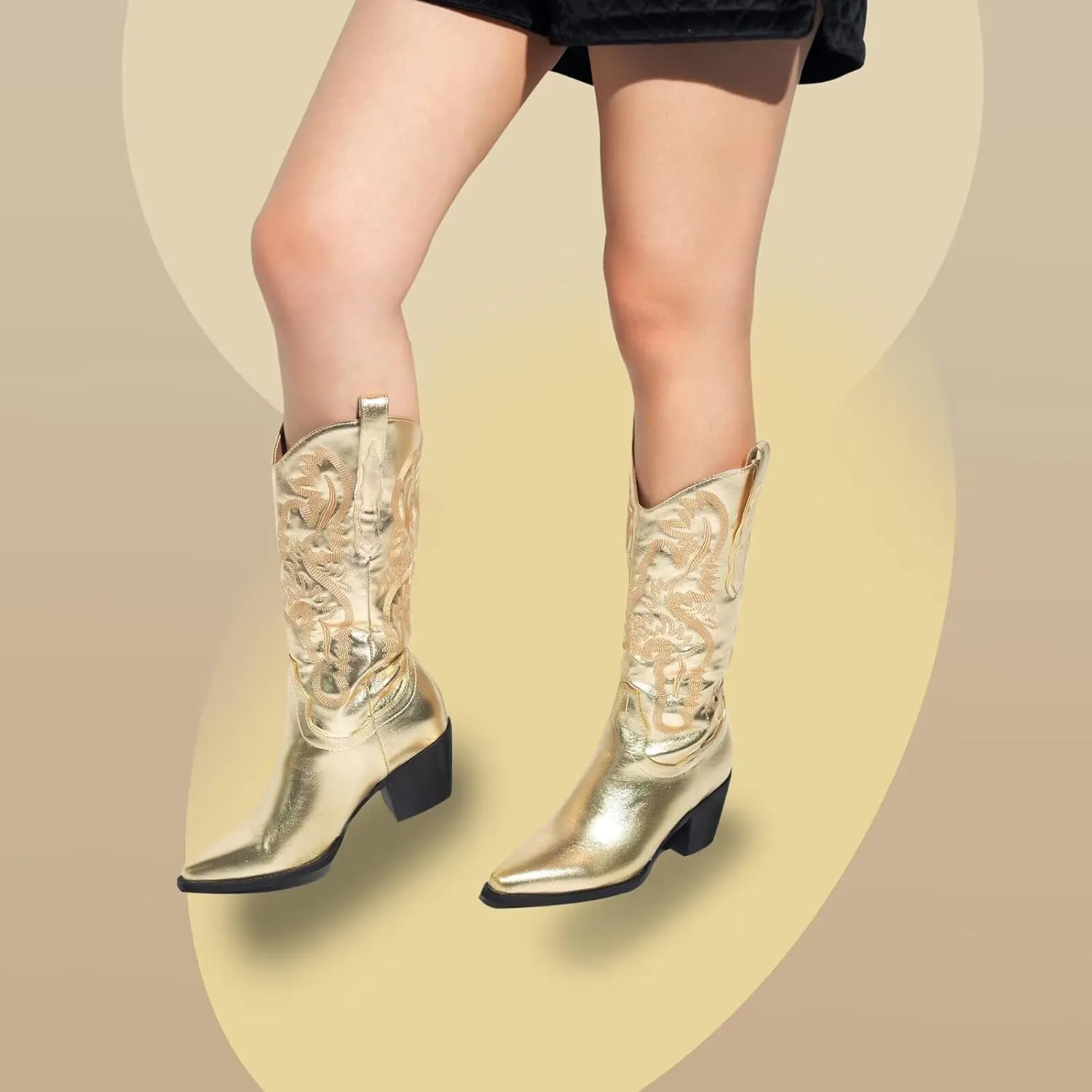 CIERWS Women's Embroidered Western Cowboy Boots Cowgirl Boots Knee High Medium Heel Chunky Heel Classic Retro Boots
