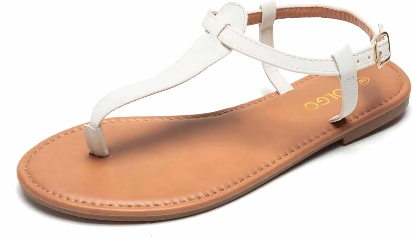 Colgo Thong Flat Sandals, Casual Women T-Strap Dress Sandals with Adjustable Ankle Buckle for Summer Wedding