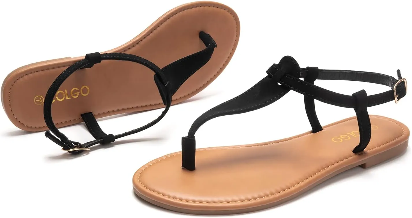Colgo Thong Flat Sandals, Casual Women T-Strap Dress Sandals with Adjustable Ankle Buckle for Summer Wedding