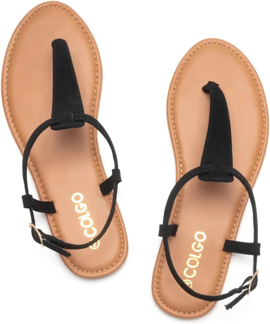 Colgo Thong Flat Sandals, Casual Women T-Strap Dress Sandals with Adjustable Ankle Buckle for Summer Wedding