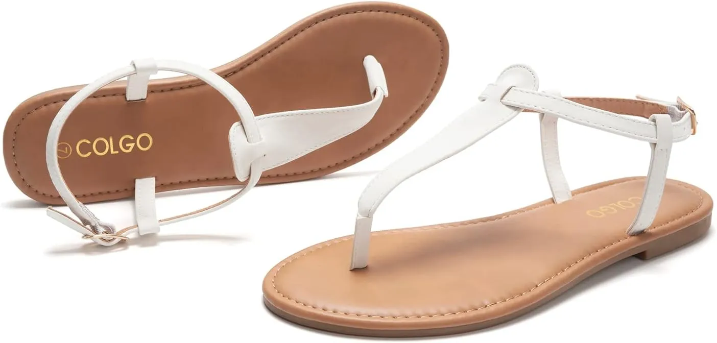 Colgo Thong Flat Sandals, Casual Women T-Strap Dress Sandals with Adjustable Ankle Buckle for Summer Wedding