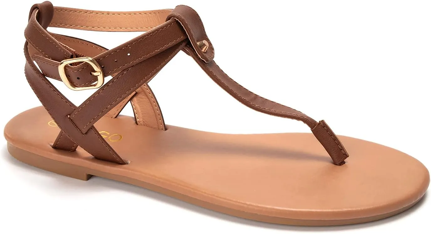 Colgo Thong Flat Sandals, Casual Women T-Strap Dress Sandals with Adjustable Ankle Buckle for Summer Wedding