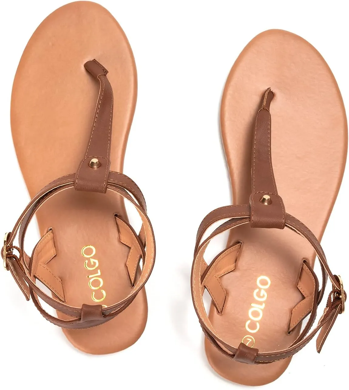 Colgo Thong Flat Sandals, Casual Women T-Strap Dress Sandals with Adjustable Ankle Buckle for Summer Wedding