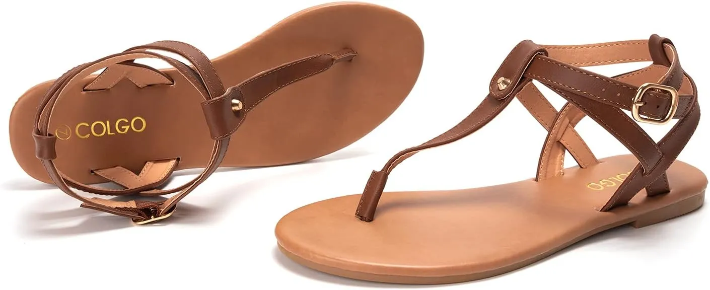 Colgo Thong Flat Sandals, Casual Women T-Strap Dress Sandals with Adjustable Ankle Buckle for Summer Wedding