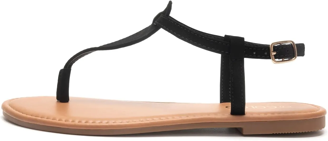 Colgo Thong Flat Sandals, Casual Women T-Strap Dress Sandals with Adjustable Ankle Buckle for Summer Wedding