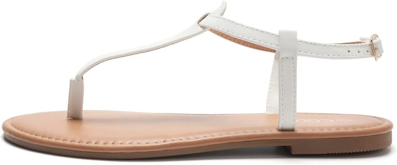 Colgo Thong Flat Sandals, Casual Women T-Strap Dress Sandals with Adjustable Ankle Buckle for Summer Wedding