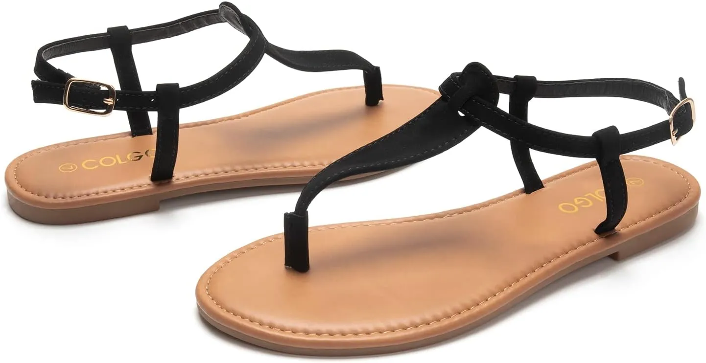 Colgo Thong Flat Sandals, Casual Women T-Strap Dress Sandals with Adjustable Ankle Buckle for Summer Wedding
