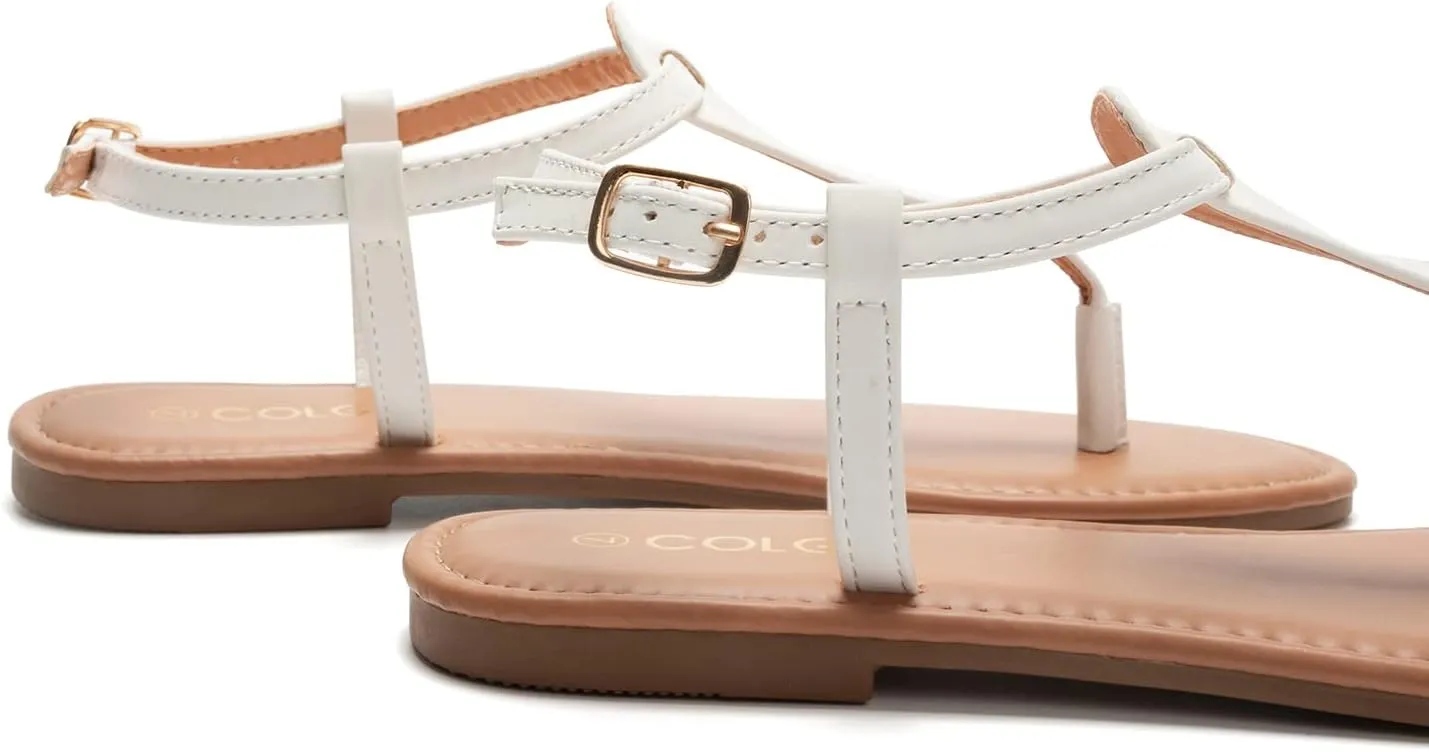Colgo Thong Flat Sandals, Casual Women T-Strap Dress Sandals with Adjustable Ankle Buckle for Summer Wedding